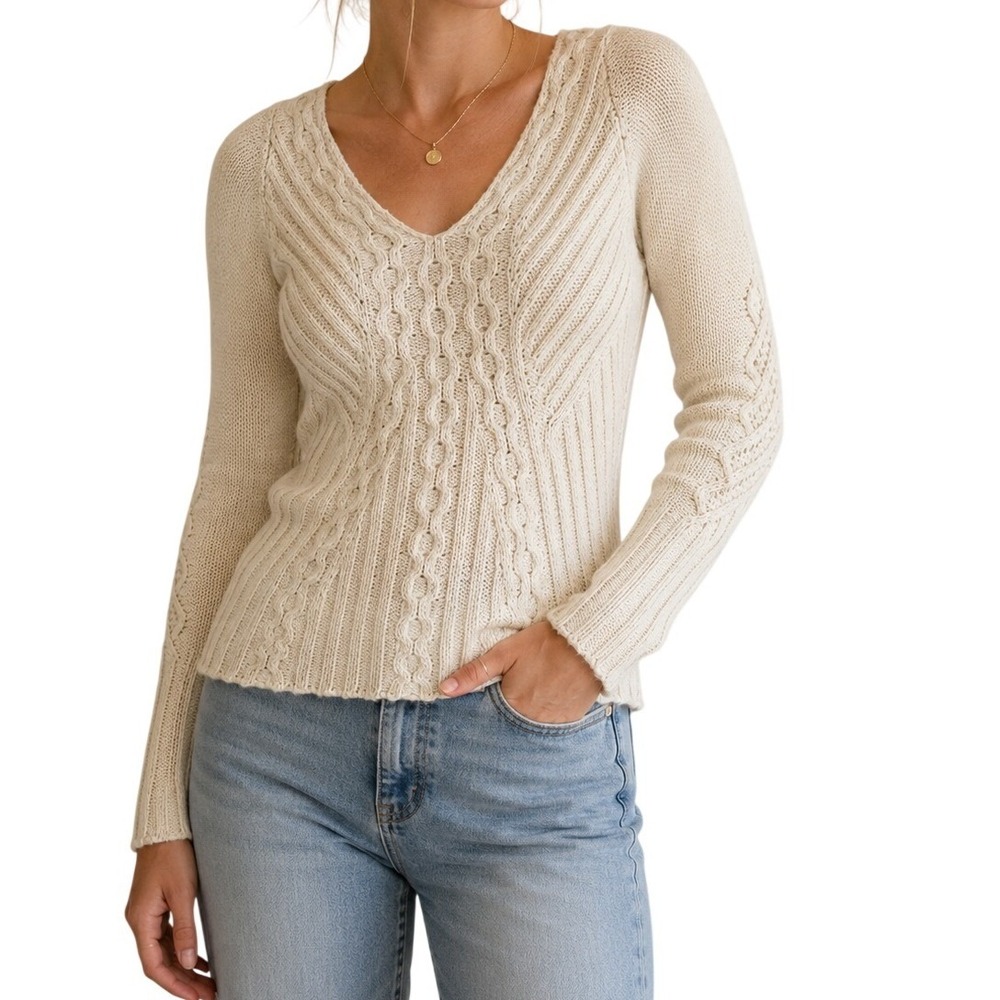 Far Away From Close Cream Cable Knit V-Neck Sweater Women's XS
